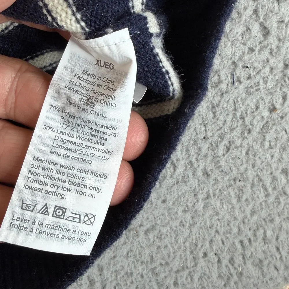 J CREW Sweater Men XL Navy Cream Striped Lambswool Blend Crew Neck Knit Pullover